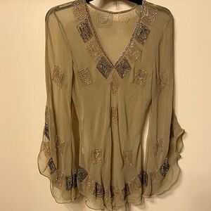 Chic Embellished Sheer Blouse in Tan